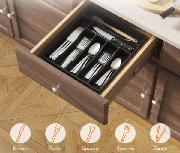 Black 7-Compartment Plastic Cutlery Organizer