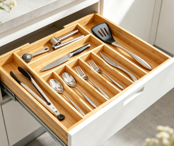 Deep-Profile Expandable Bamboo Cutlery Organizer