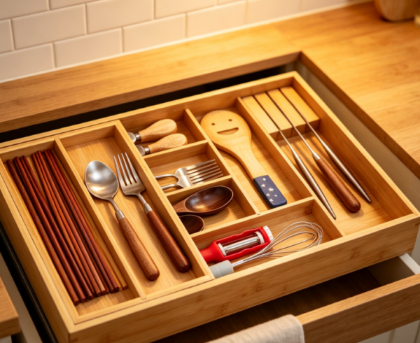 Two-Tier Bamboo Cutlery Organizer Tray