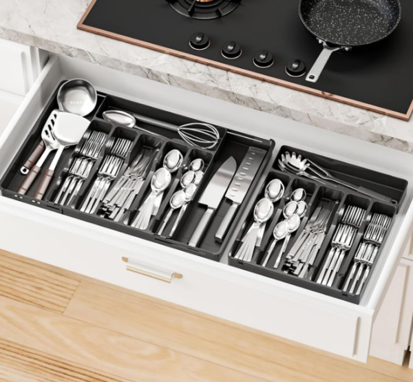 Black 8-Compartment Expandable Cutlery Organizer
