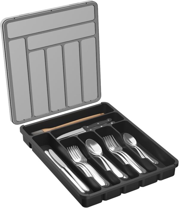 Black Plastic Drawer Cutlery Organizer With Lid