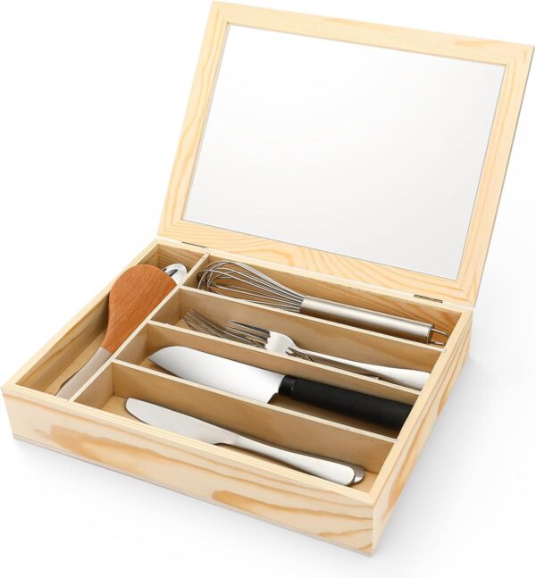 Wooden 5-Compartment Drawer Cutlery Organizer With Lid