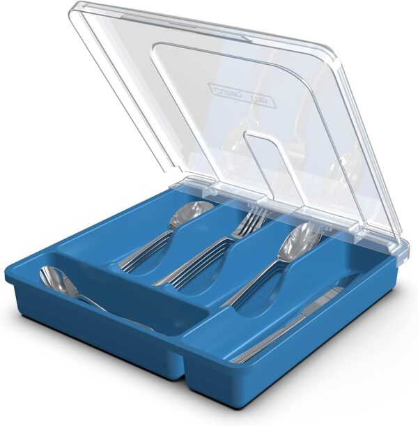 Blue Plastic 5-Compartment Cutlery Organizer With Lid