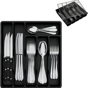 Black Plastic 6-Compartment Cutlery Organizer With Lid