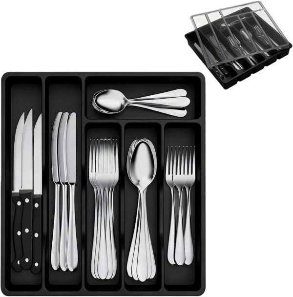 Black Plastic 6-Compartment Cutlery Organizer With Lid